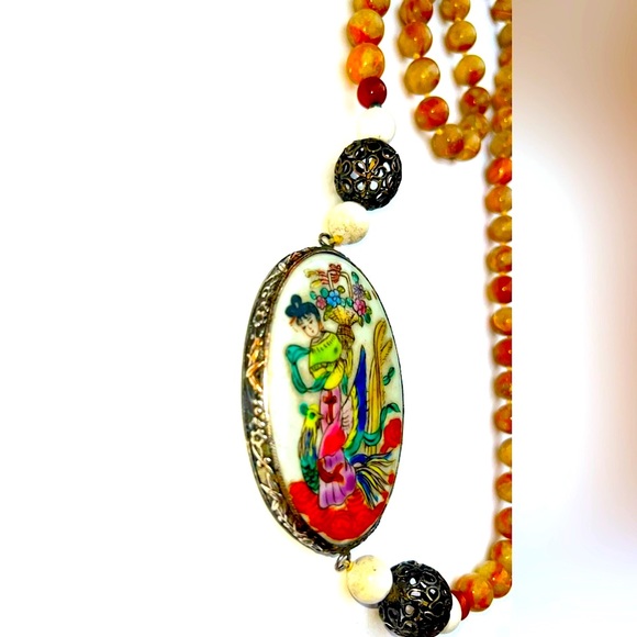 CHINESE JAPANESE GEISHA GIRL HANDMADE SILVER PICTURE JASPER BEAD NECKLACE VINTAG - Picture 5 of 6